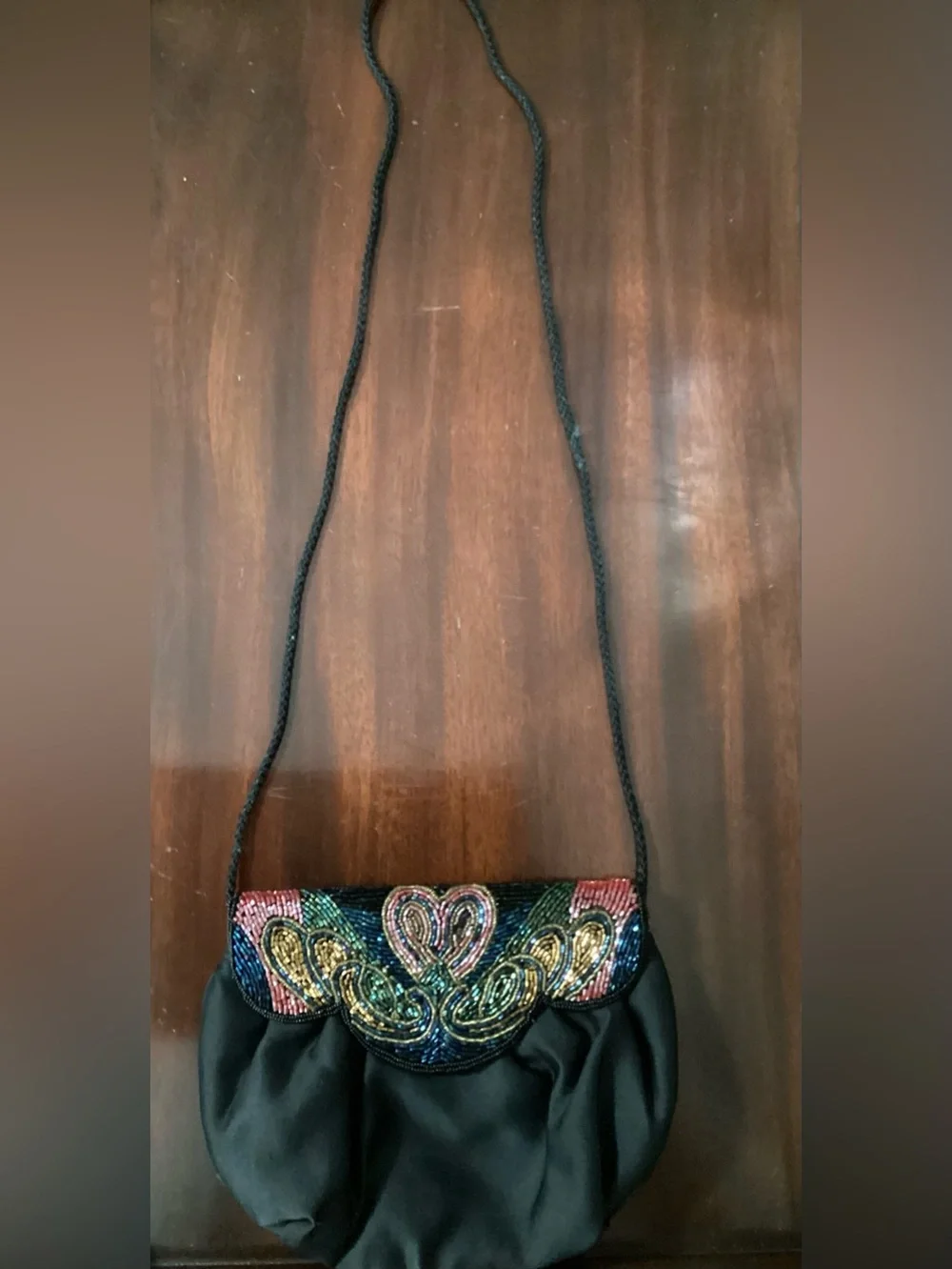 Vintage 80s 90s Black Satin Beaded Evening Bag
